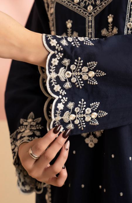 EMBROIDERED KURTA DUPATTA-NAVY-LAWN