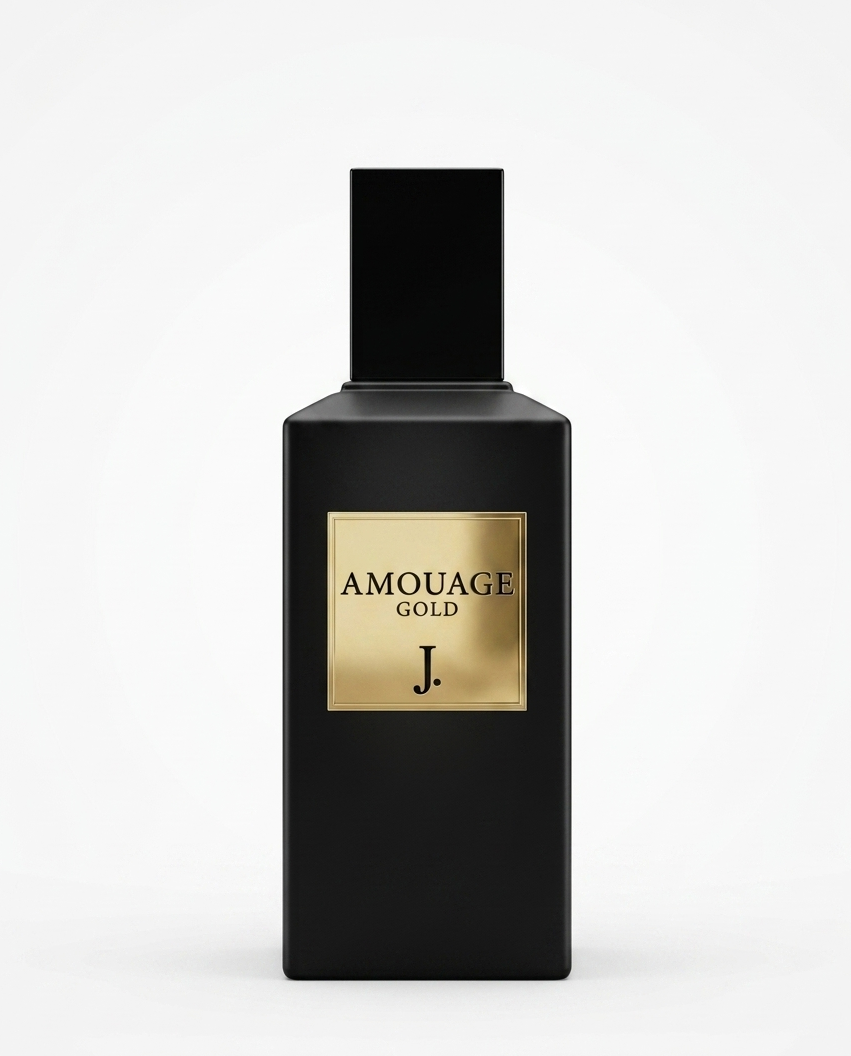 Black Amouage Gold J. perfume bottle on a white background