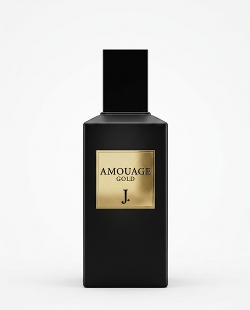 Black Amouage Gold J. perfume bottle on a white background