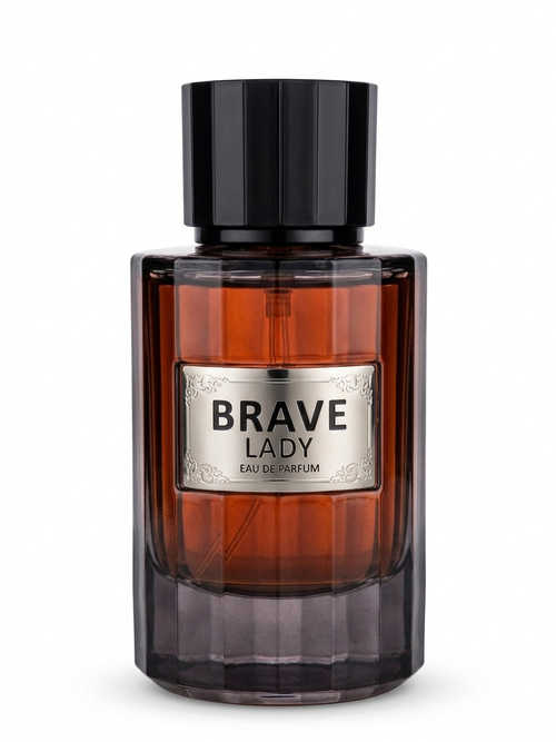 Perfume bottle labeled 'Brave Lady' on a white background