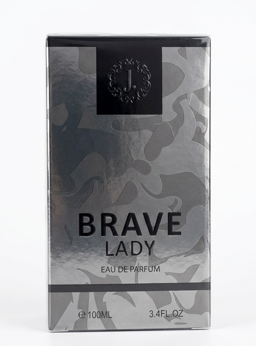 Perfume box labeled 'Brave Lady' with camouflage design on a white background
