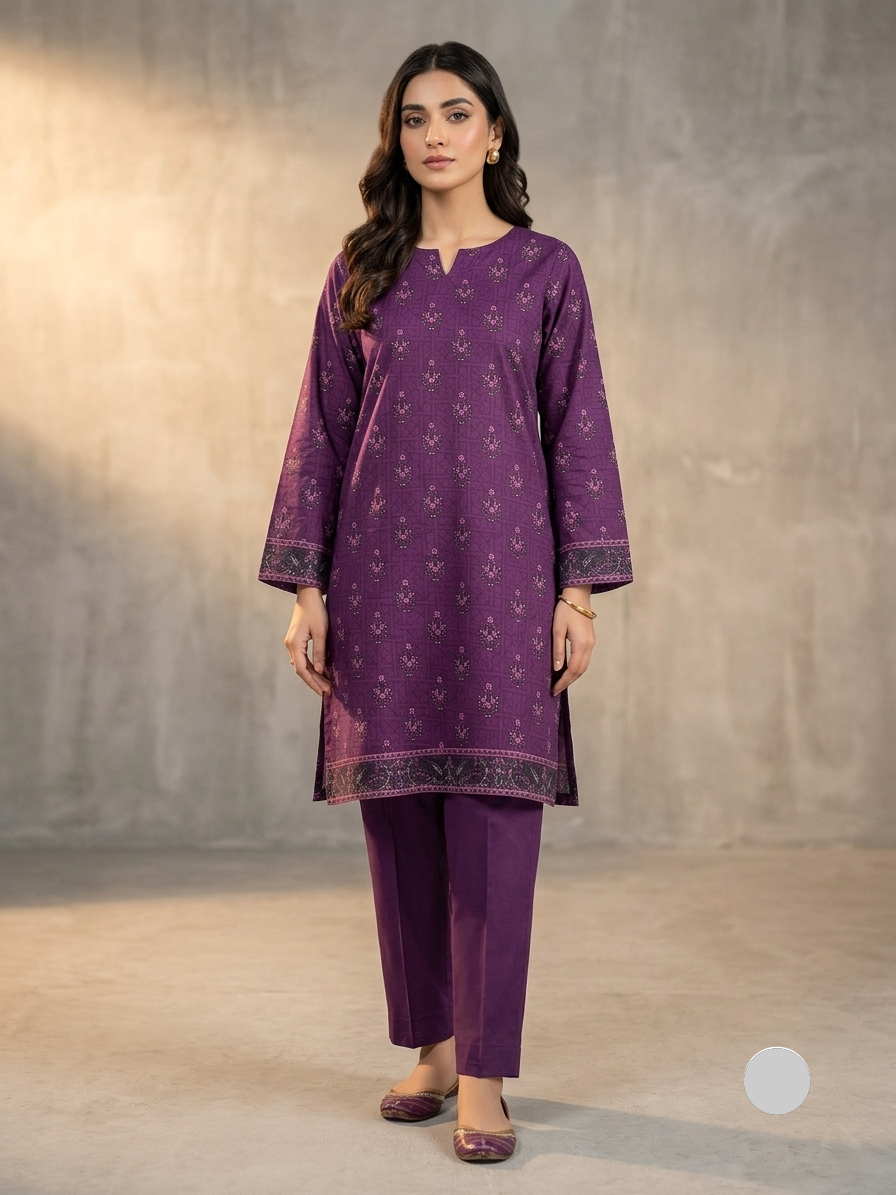 A woman modeling a purple three-piece traditional outfit with a printed kurta, matching trousers, and flat shoes against a textured gray studio backdrop.