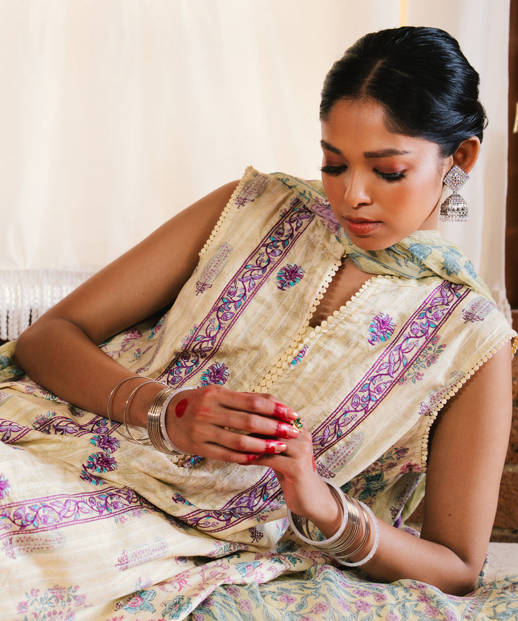 3 Piece - Embroidered Cotton Suit with Sleeves