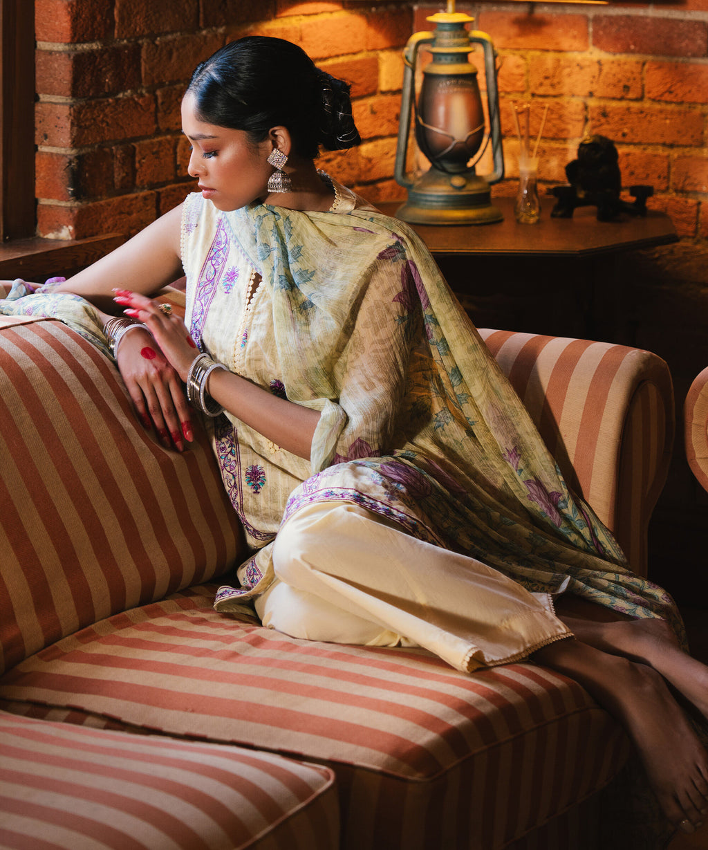 3 Piece - Embroidered Cotton Suit with Sleeves