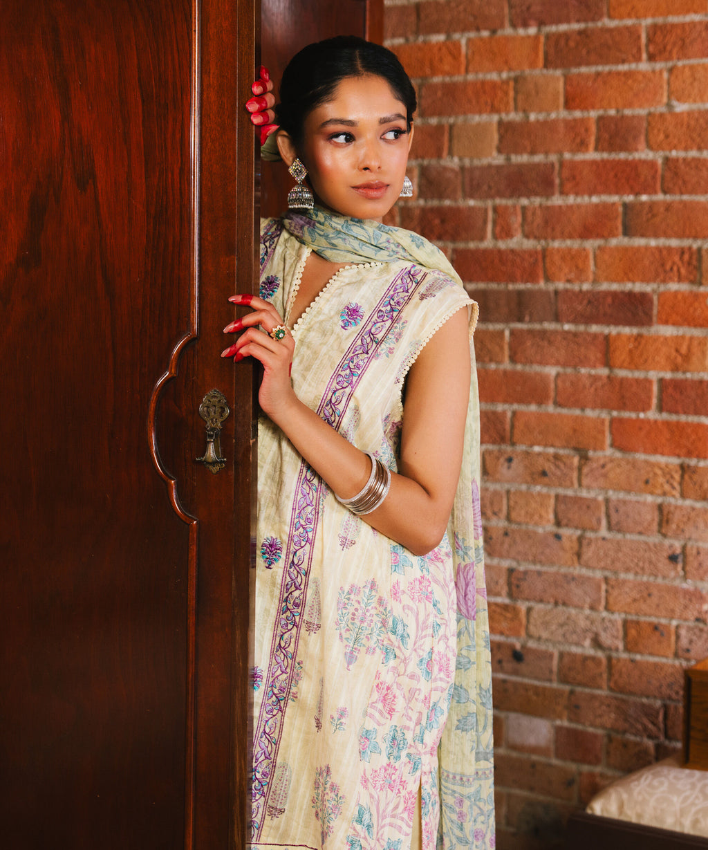 3 Piece - Embroidered Cotton Suit with Sleeves