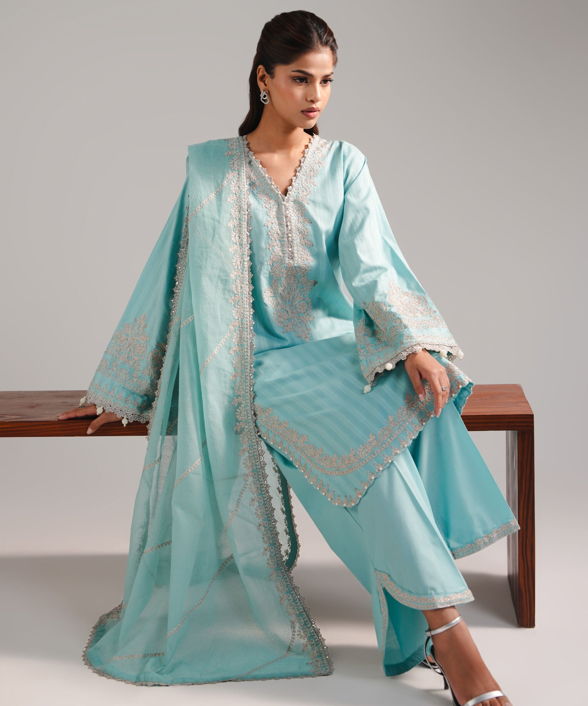 3 Piece - Embroidered Leno Kara Suit