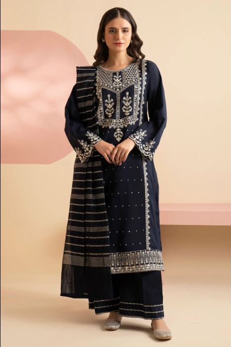 EMBROIDERED KURTA DUPATTA-NAVY-LAWN