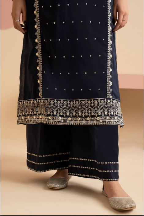EMBROIDERED KURTA DUPATTA-NAVY-LAWN