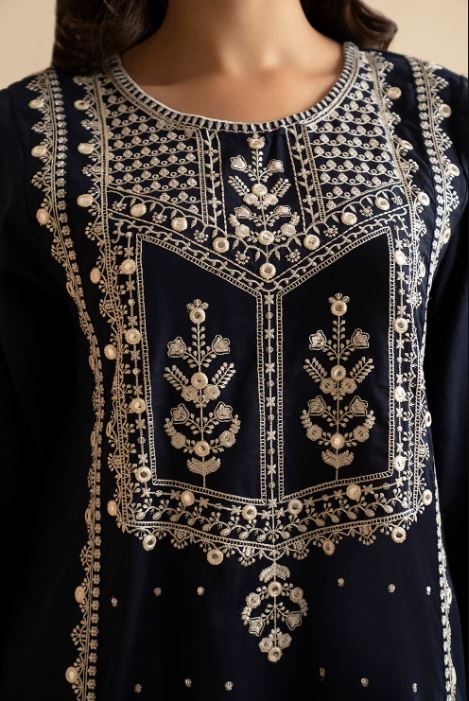 EMBROIDERED KURTA DUPATTA-NAVY-LAWN