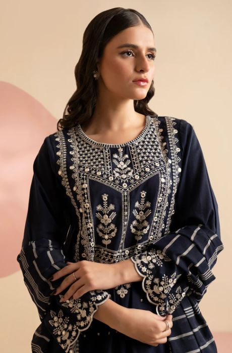 EMBROIDERED KURTA DUPATTA-NAVY-LAWN