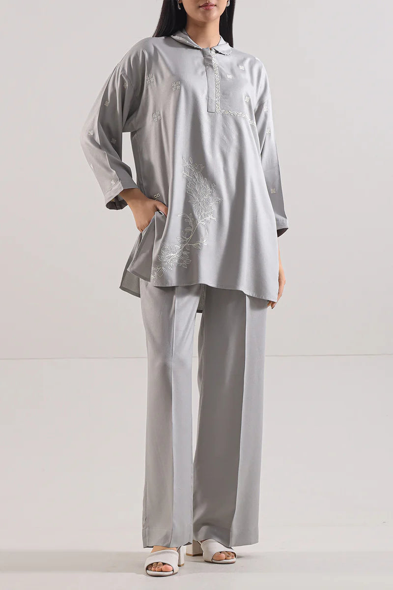 Saya | Solid Embroidered Dobby Crepe Stitched 2 Piece (Shirt/Trouser)