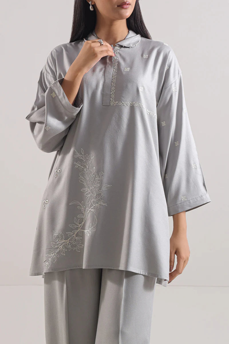 Saya | Solid Embroidered Dobby Crepe Stitched 2 Piece (Shirt/Trouser)