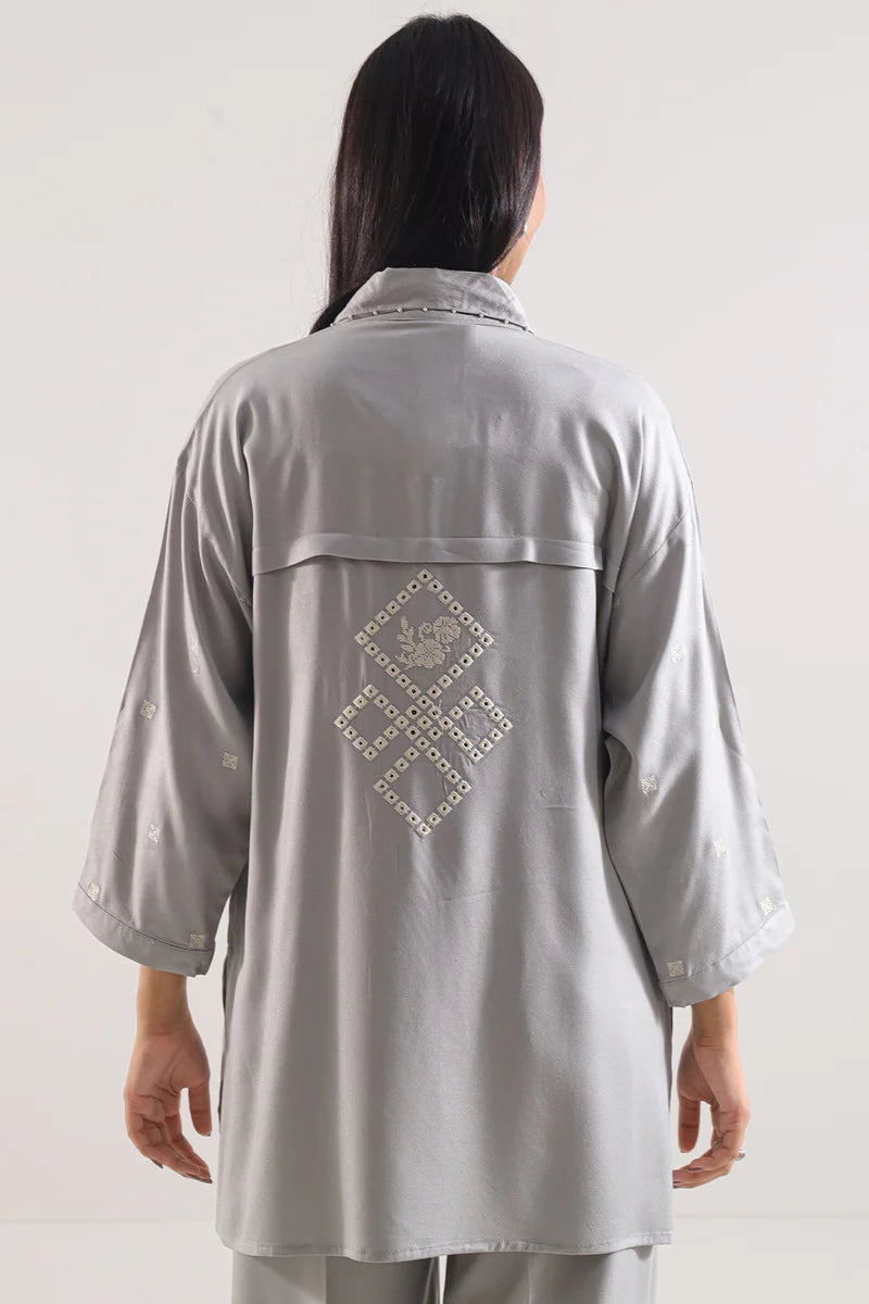 Saya | Solid Embroidered Dobby Crepe Stitched 2 Piece (Shirt/Trouser)