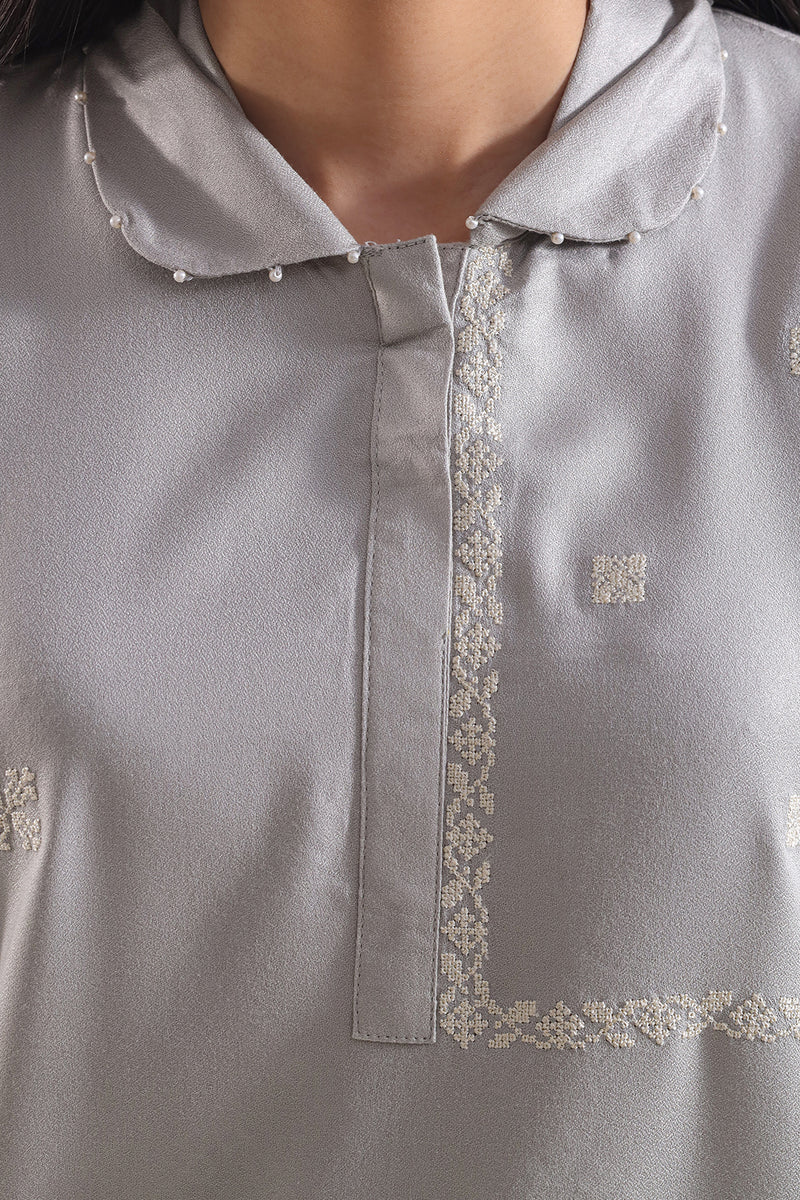 Saya | Solid Embroidered Dobby Crepe Stitched 2 Piece (Shirt/Trouser)