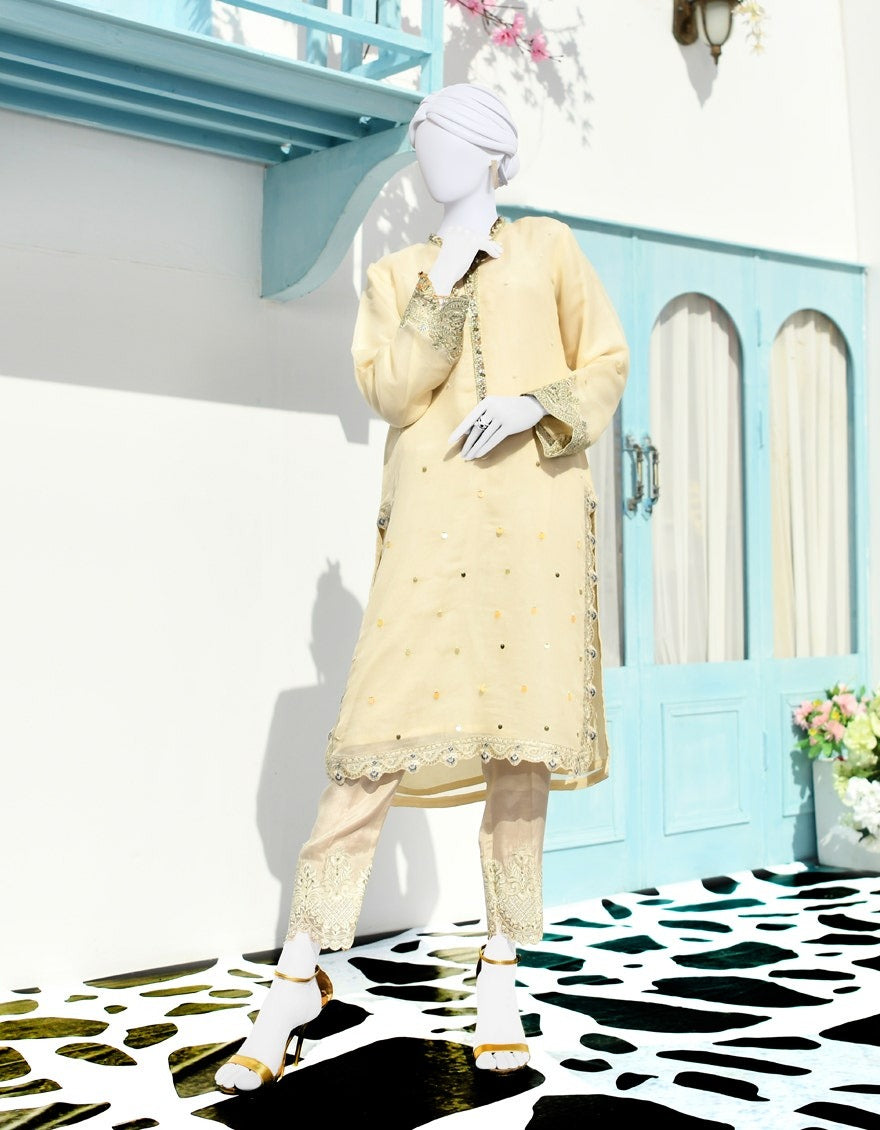 J. BEIGE SILK KURTI EMBROIDERED