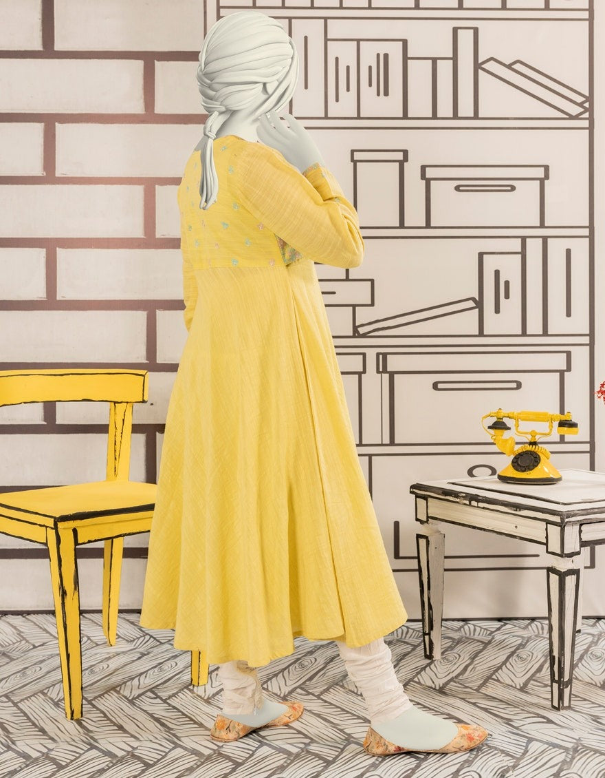 YELLOW KHADDAR EMBROIDERED KURTI